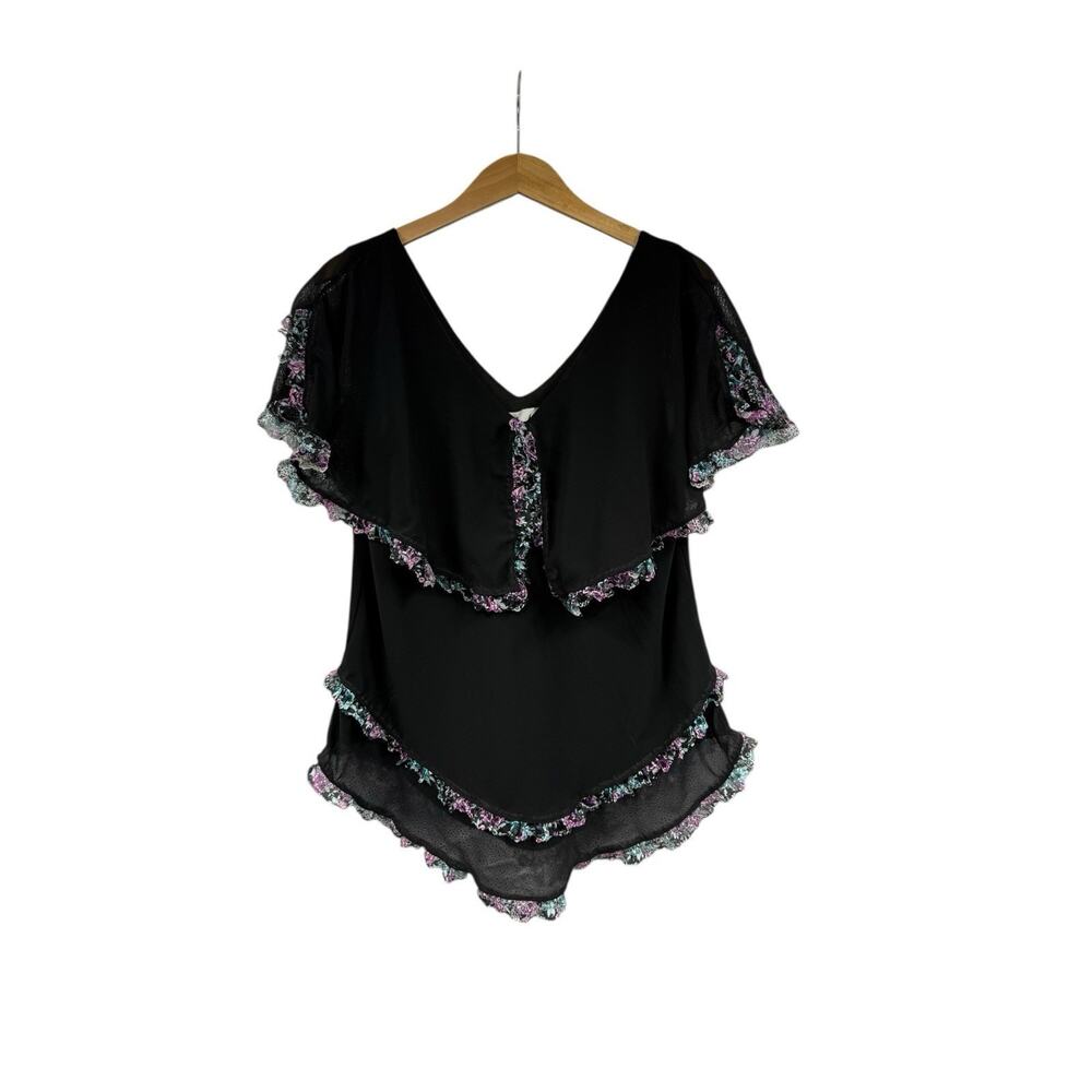 Vintage La Nuit Black Purple Floral Ruffle Top Whimsical Whimsigoth Glam Size 12